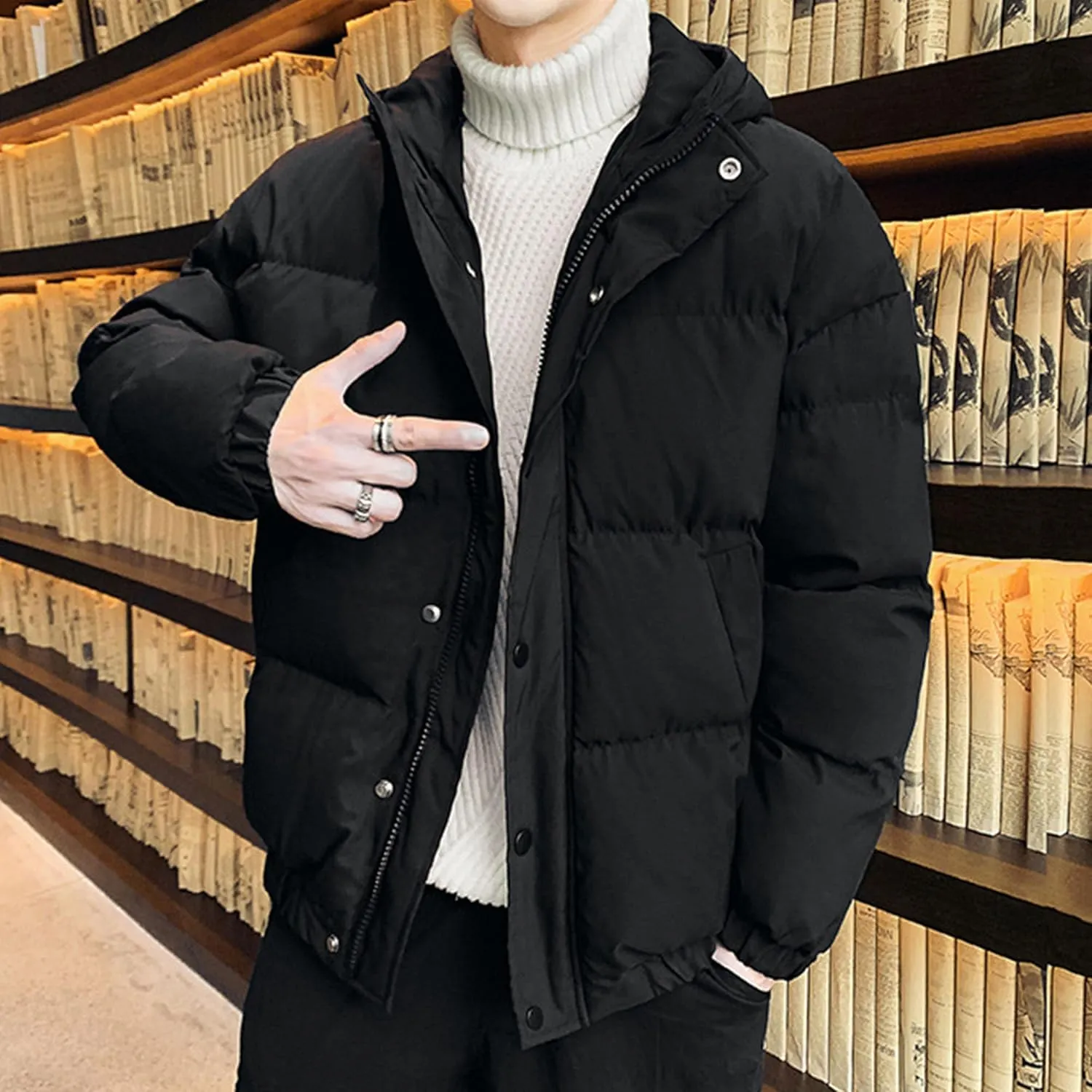 JEsilunmaMY Men's Thicken Thermal Padded Down Jacket Winter Coats Hooded Puffer Jacket Windproof Thermal Quilted Jacket