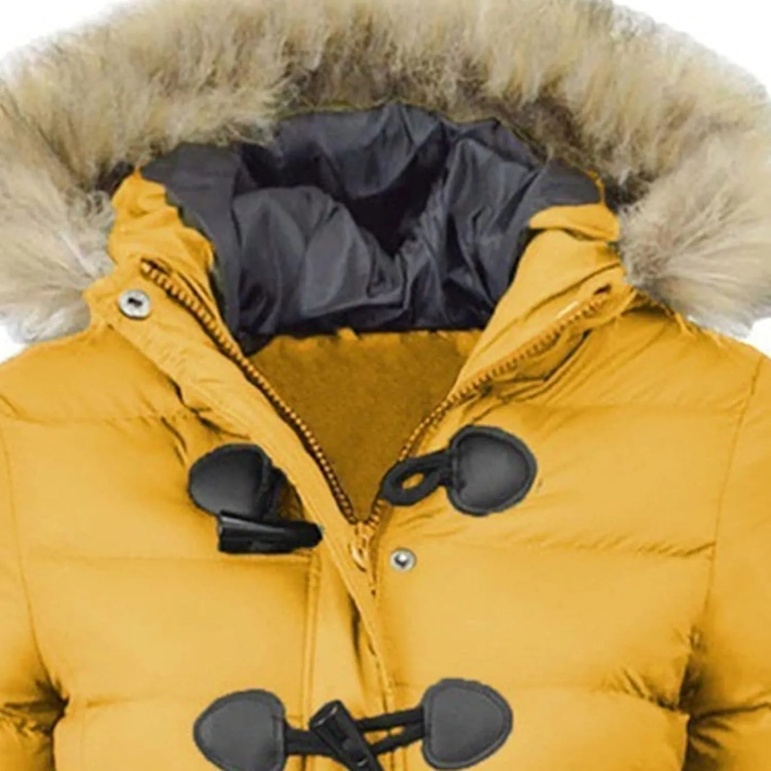 JEsilunmaMY Womens Winter Horn Button Parka Coat Slim Warm Thicken Puffer Jacket with Fur Hood Windproof Short Down Jacket