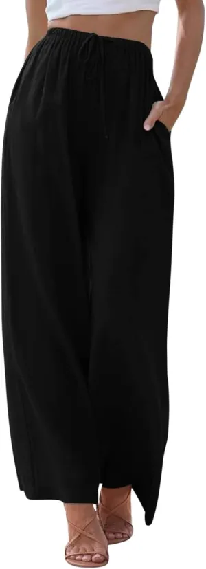 JiXiang Linen Pants Women Straight Leg Solid Drawstring Elastic Yoga Trousers Comfy Long Lounge Beach Trousers with Pockets