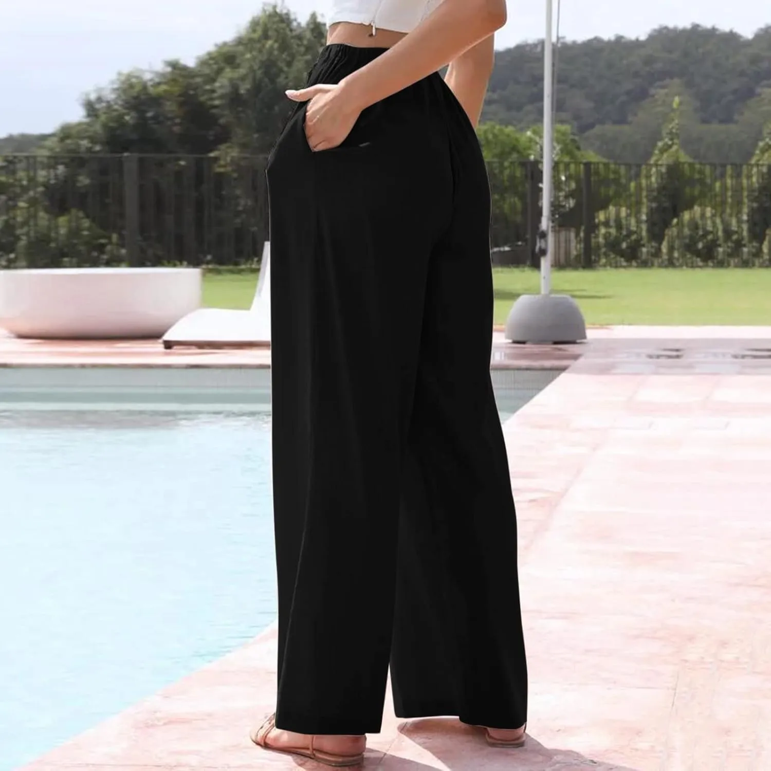 JiXiang Linen Pants Women Straight Leg Solid Drawstring Elastic Yoga Trousers Comfy Long Lounge Beach Trousers with Pockets