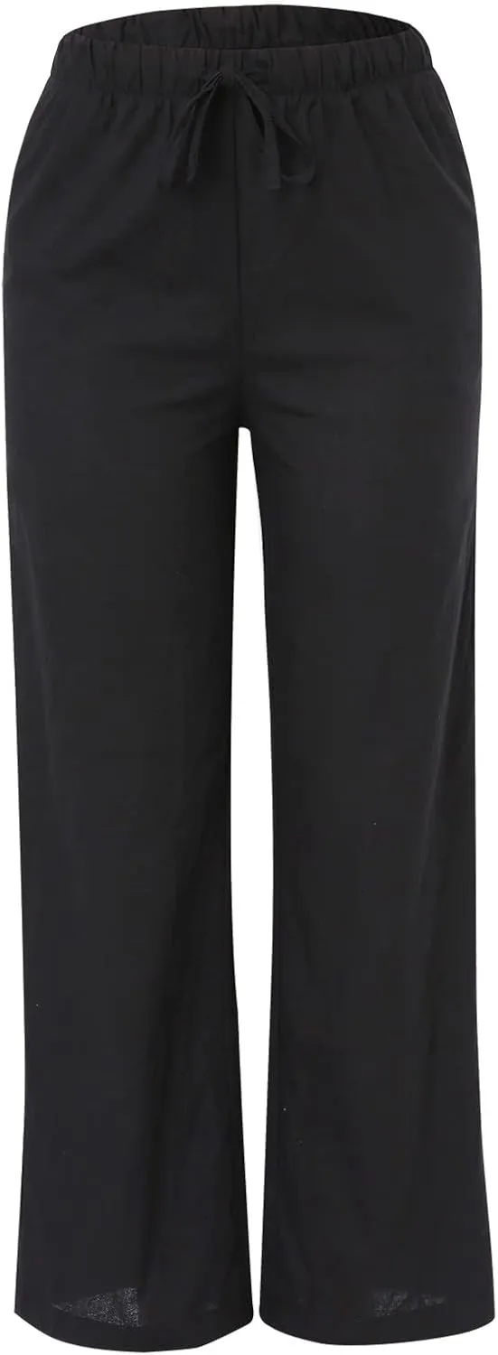 JiXiang Linen Pants Women Straight Leg Solid Drawstring Elastic Yoga Trousers Comfy Long Lounge Beach Trousers with Pockets