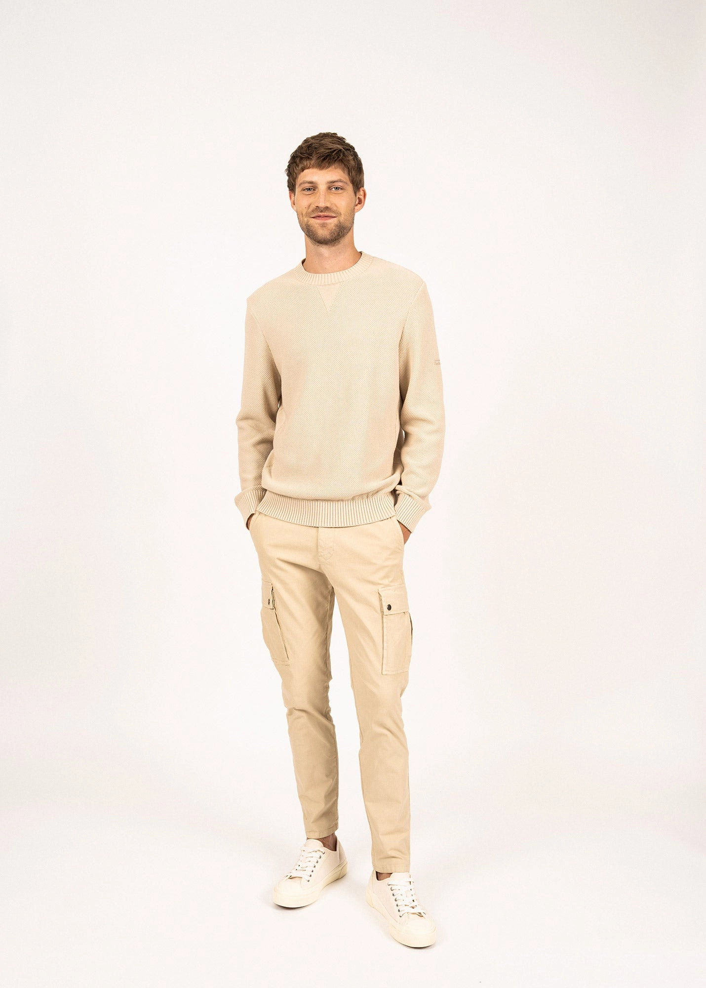 JOBOURG - Cotton Sweater in Moss Stitch for Men (OATMEAL) Fade Resistant Textiles
