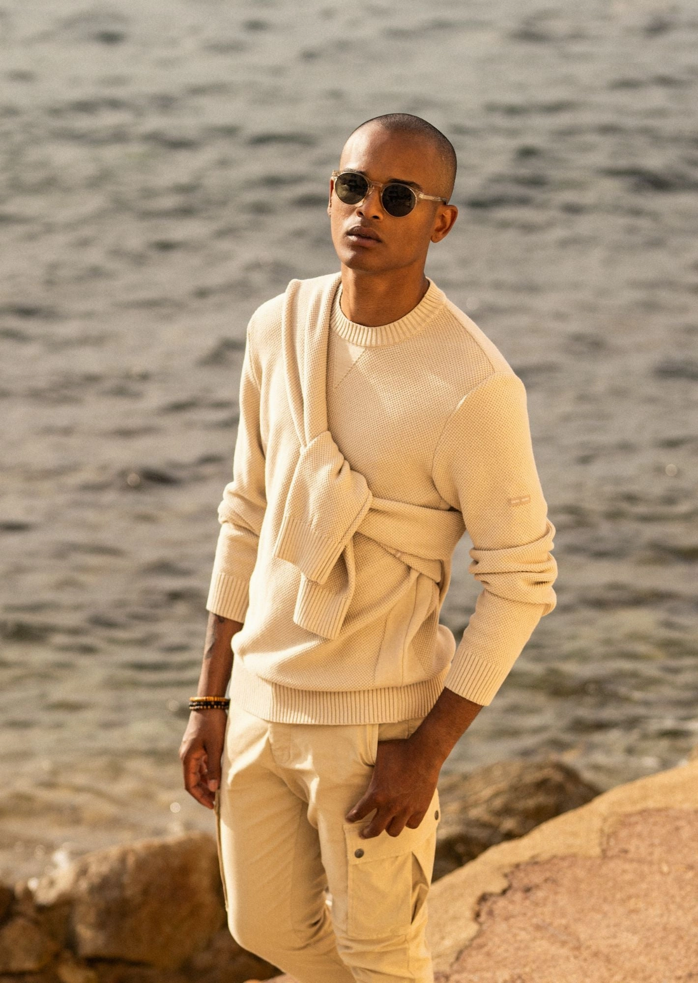Thermal Locking Yarn JOBOURG - Cotton Sweater in Moss Stitch for Men (OATMEAL)
