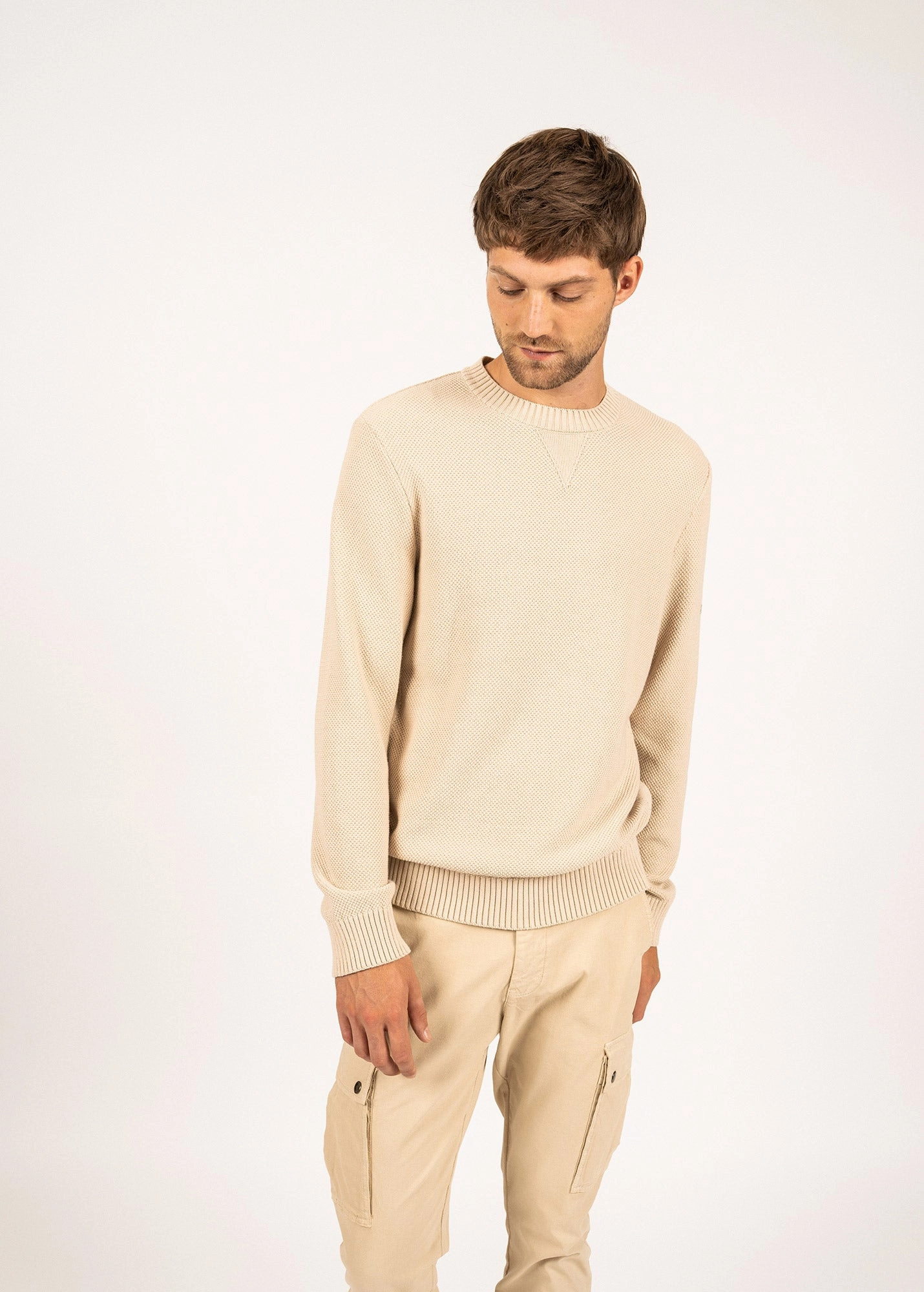 Comfort Knitwear Warm Layering JOBOURG - Cotton Sweater in Moss Stitch for Men (OATMEAL)