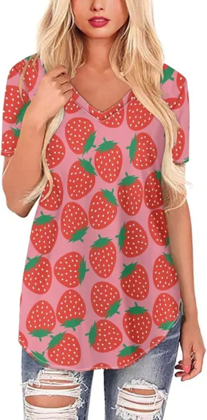 JooMeryer Women's Summer Short Sleeve Slim Fit T-Shirts 3D Printed V Neck Tight Blouse Tunic Shirts