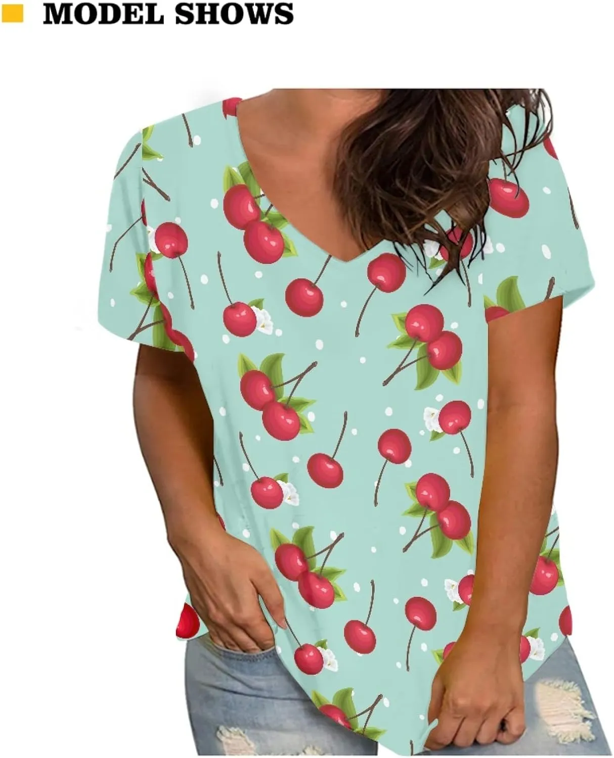 JooMeryer Women's Summer Short Sleeve Slim Fit T-Shirts 3D Printed V Neck Tight Blouse Tunic Shirts