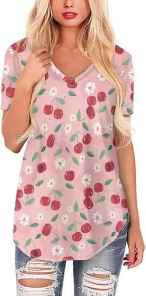 JooMeryer Women's Summer Short Sleeve Slim Fit T-Shirts 3D Printed V Neck Tight Blouse Tunic Shirts