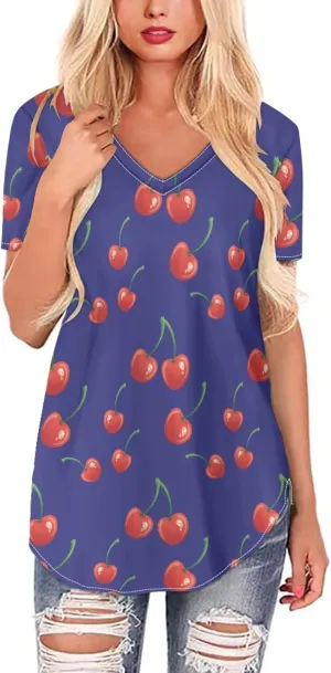 JooMeryer Women's Summer Short Sleeve Slim Fit T-Shirts 3D Printed V Neck Tight Blouse Tunic Shirts