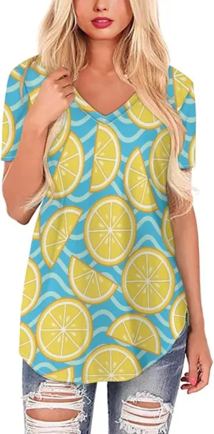JooMeryer Women's Summer Short Sleeve Slim Fit T-Shirts 3D Printed V Neck Tight Blouse Tunic Shirts