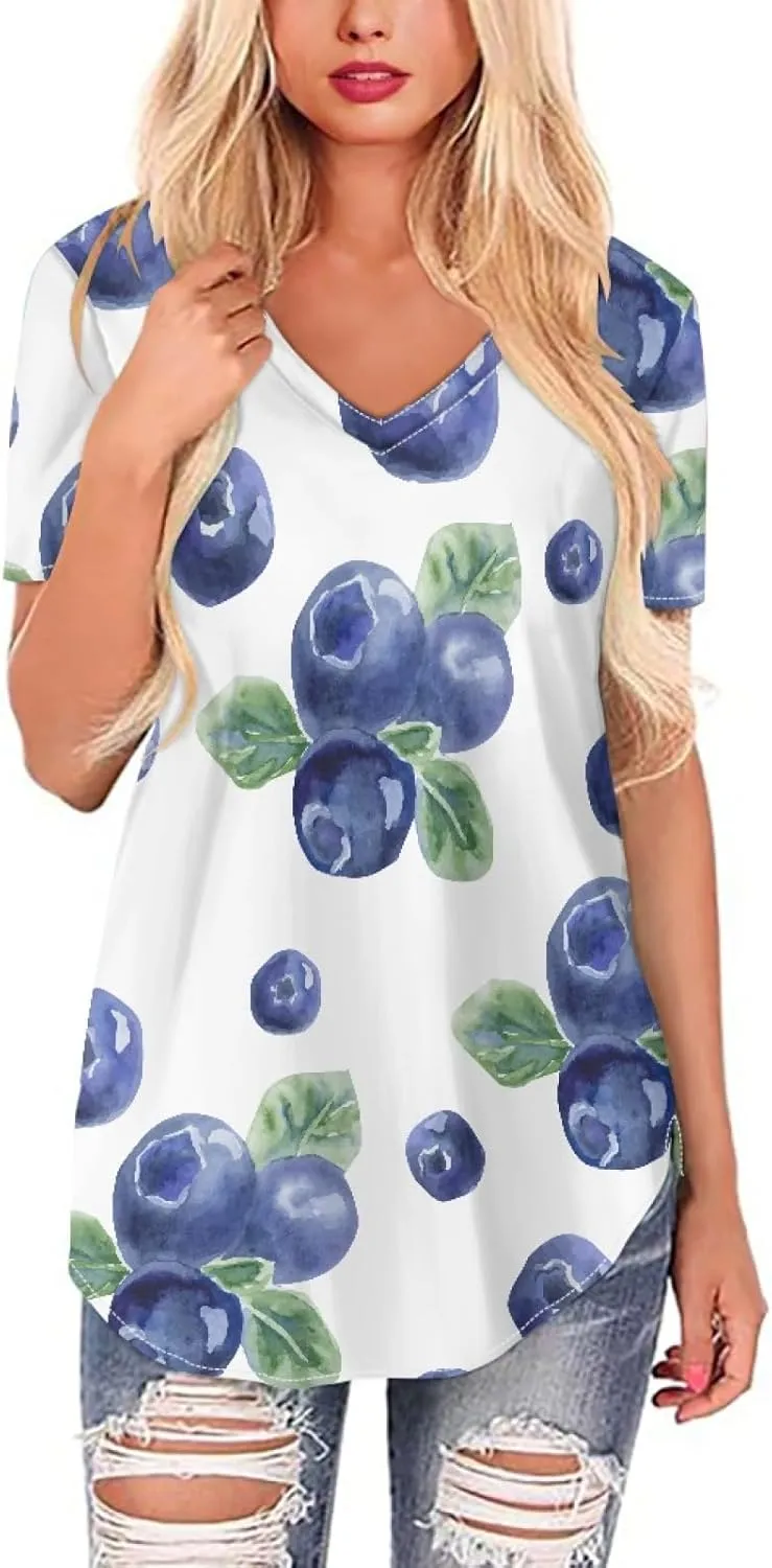 JooMeryer Women's Summer Short Sleeve Slim Fit T-Shirts 3D Printed V Neck Tight Blouse Tunic Shirts