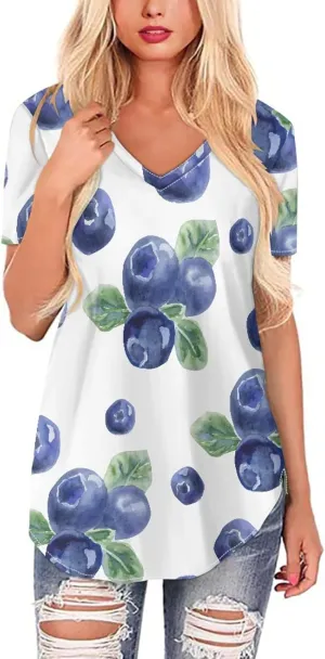 JooMeryer Women's Summer Short Sleeve Slim Fit T-Shirts 3D Printed V Neck Tight Blouse Tunic Shirts