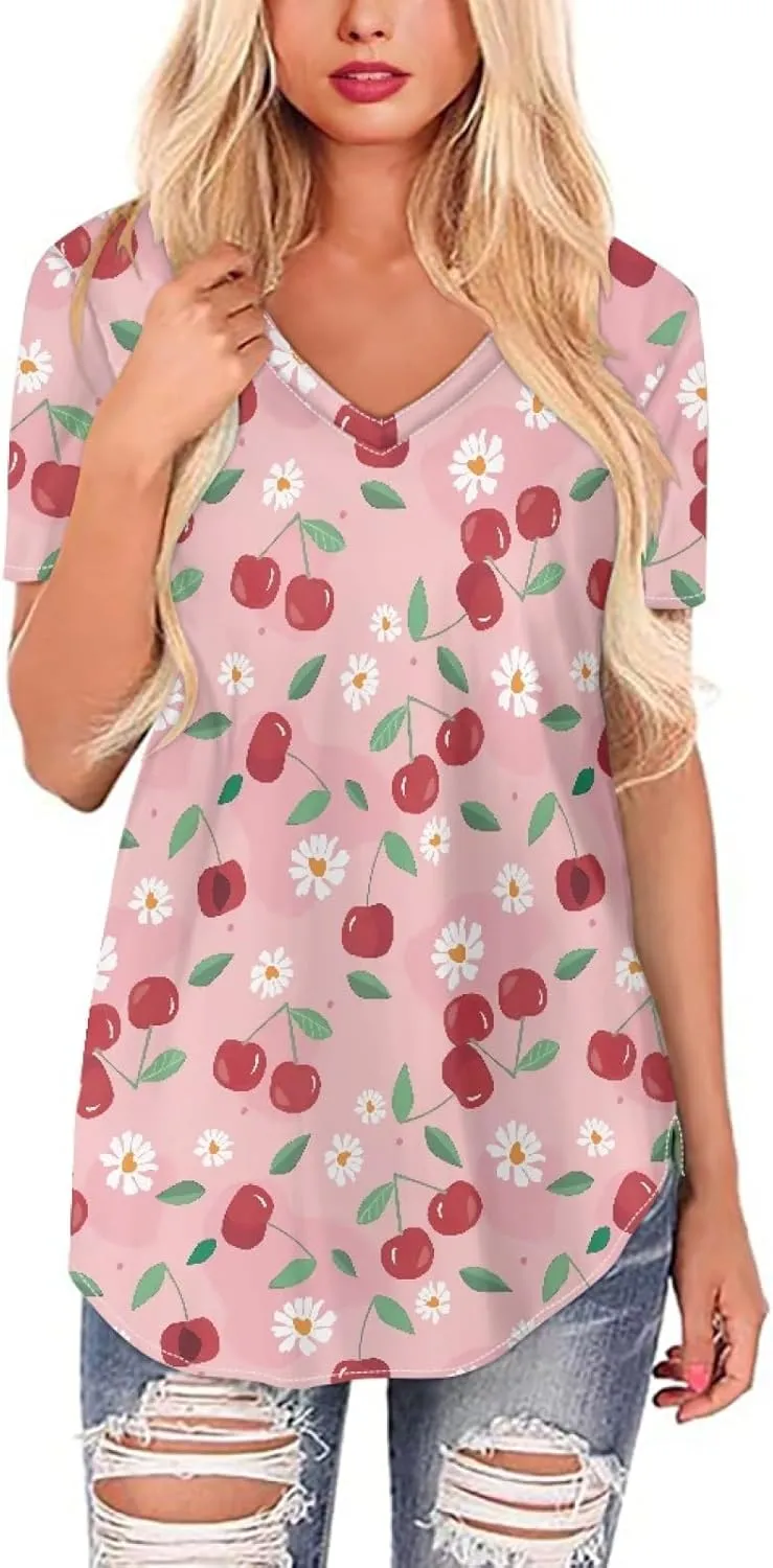 JooMeryer Women's Summer Short Sleeve Slim Fit T-Shirts 3D Printed V Neck Tight Blouse Tunic Shirts