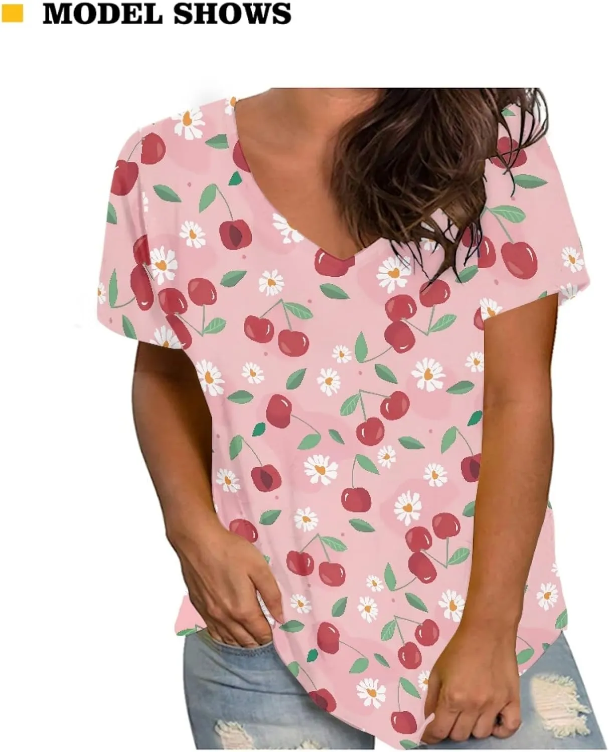 JooMeryer Women's Summer Short Sleeve Slim Fit T-Shirts 3D Printed V Neck Tight Blouse Tunic Shirts