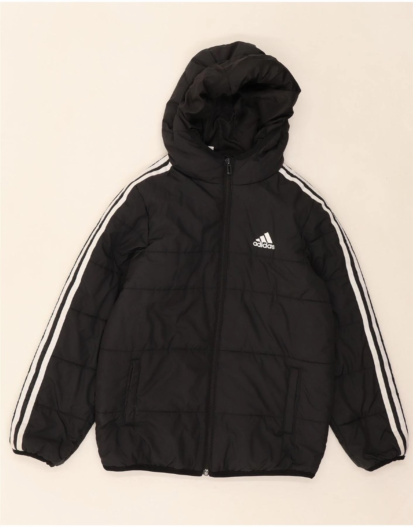 ADIDAS Boys Hooded Padded Jacket 9-10 Years Black Polyester Heat Sealed Seams Contemporary Fit
