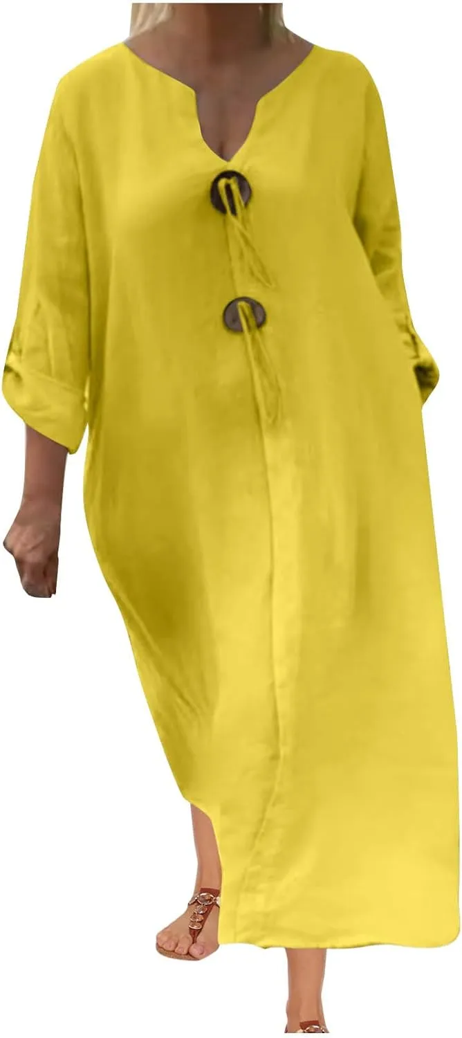 jsaierl Women Button Down V Neck Long Sleeve Cotton Linen Shirts Dress Oversized Flowy Shift Dress Solid Plus Size Maxi Dress