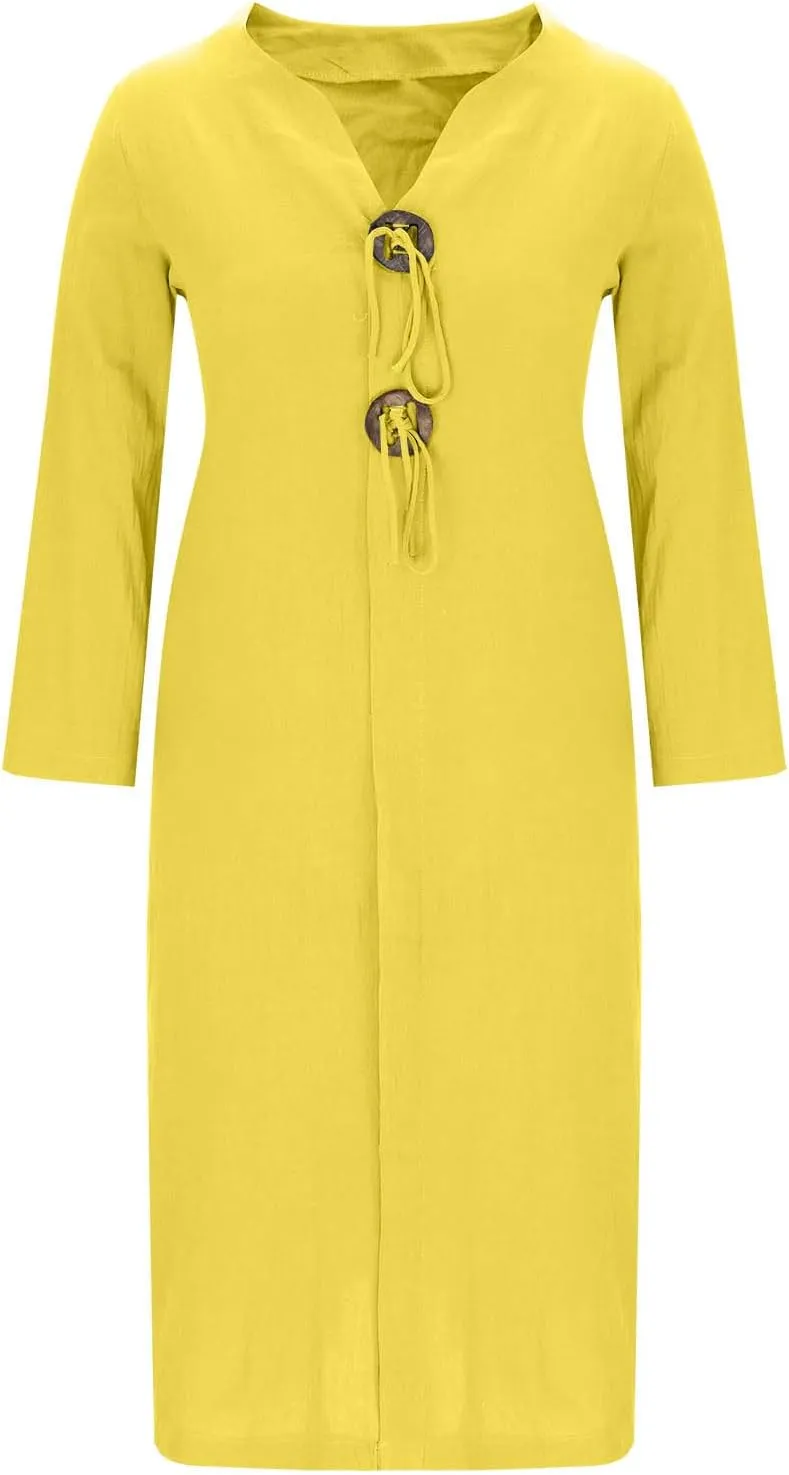jsaierl Women Button Down V Neck Long Sleeve Cotton Linen Shirts Dress Oversized Flowy Shift Dress Solid Plus Size Maxi Dress