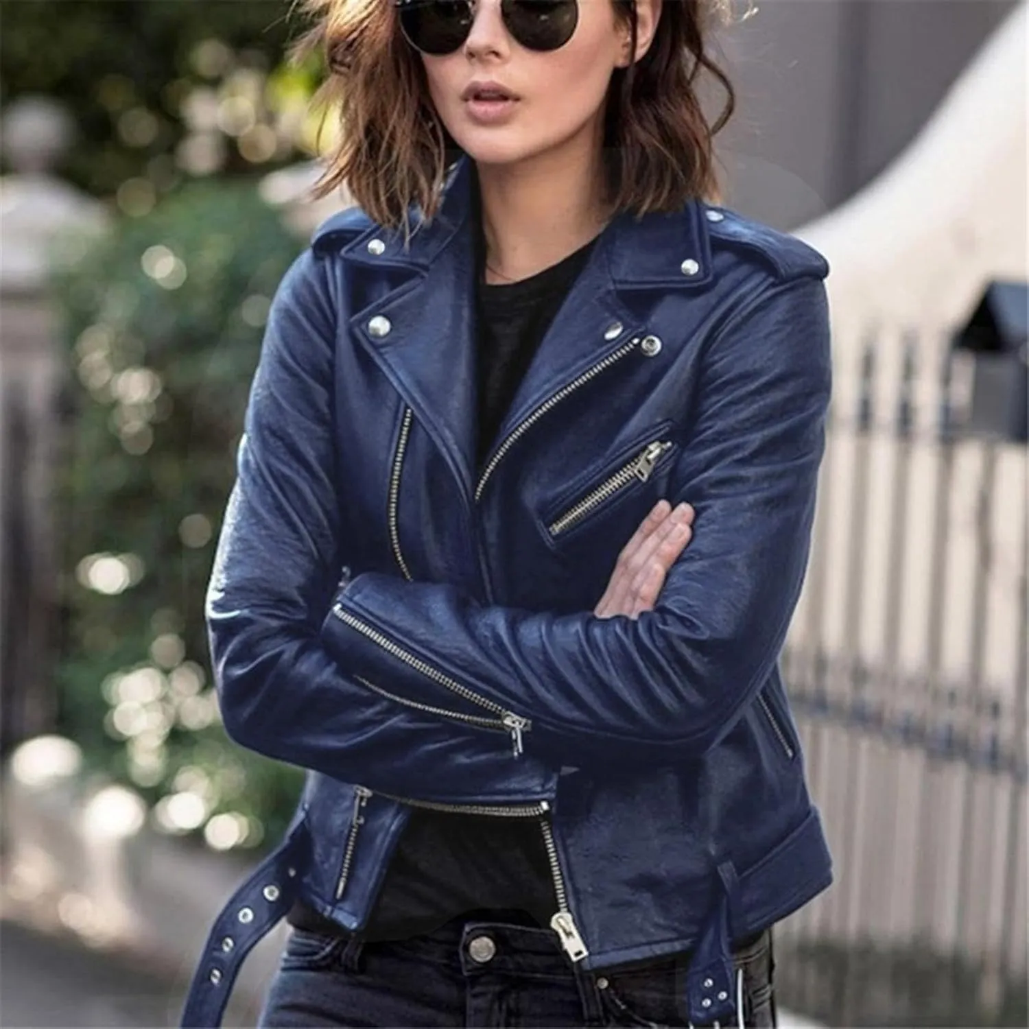 jsaierl Women's Faux Leather Belted Motorcycle Jacket Plus Size Fashion Moto Biker Jackets Long Sleeve Zip Up Coats