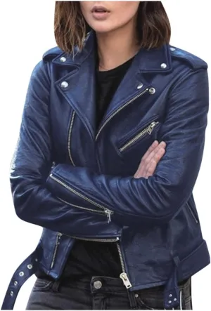 jsaierl Women's Faux Leather Belted Motorcycle Jacket Plus Size Fashion Moto Biker Jackets Long Sleeve Zip Up Coats