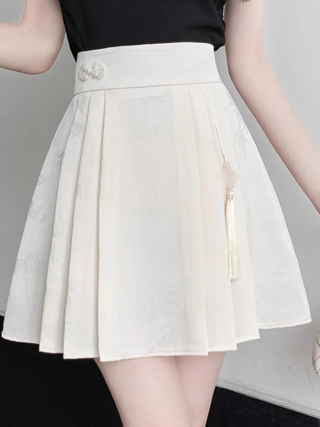 JYHBHMZG Black Brocade Pleated Mini Skirt Women Summer High Waist Tassel Horse Face A-Line Chinese Style Skirt