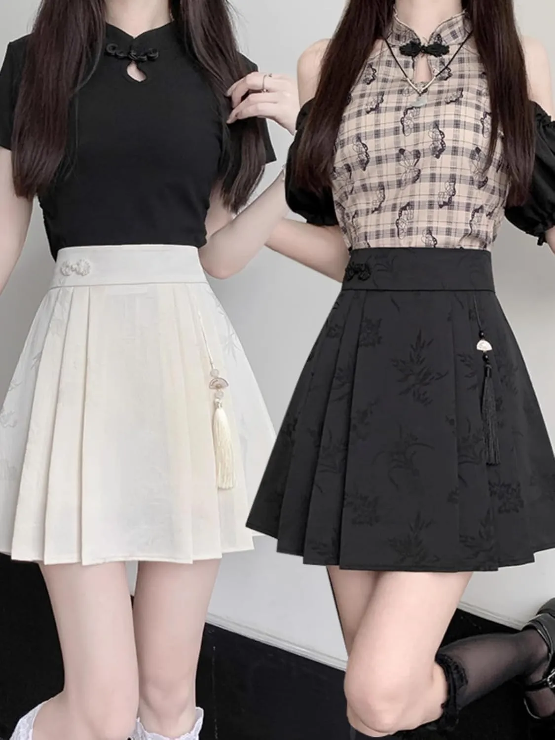 JYHBHMZG Black Brocade Pleated Mini Skirt Women Summer High Waist Tassel Horse Face A-Line Chinese Style Skirt