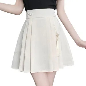 JYHBHMZG Black Brocade Pleated Mini Skirt Women Summer High Waist Tassel Horse Face A-Line Chinese Style Skirt