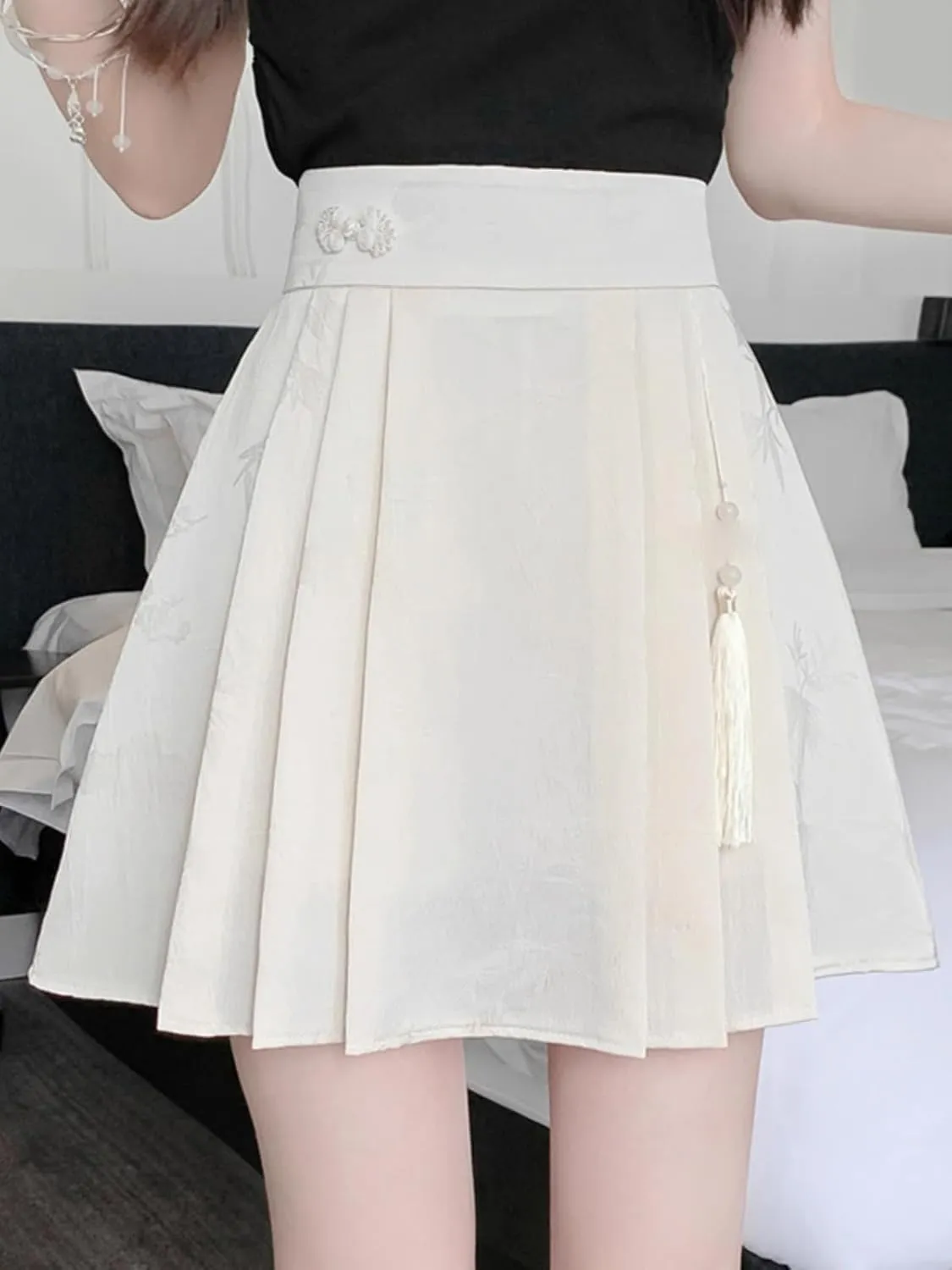 JYHBHMZG Black Brocade Pleated Mini Skirt Women Summer High Waist Tassel Horse Face A-Line Chinese Style Skirt