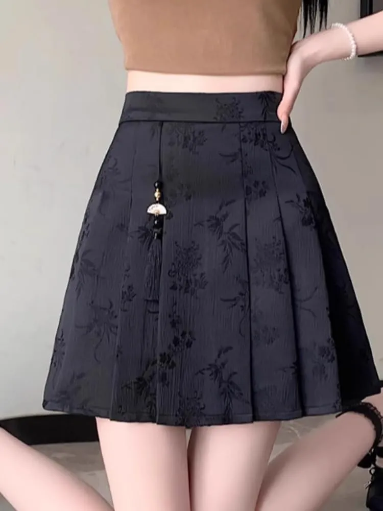 JYHBHMZG Black Short Horse Face Skirt Half Skirt Women's Clothing Spring Summer Petite High Waist A-Line Pleated Mini Skirt