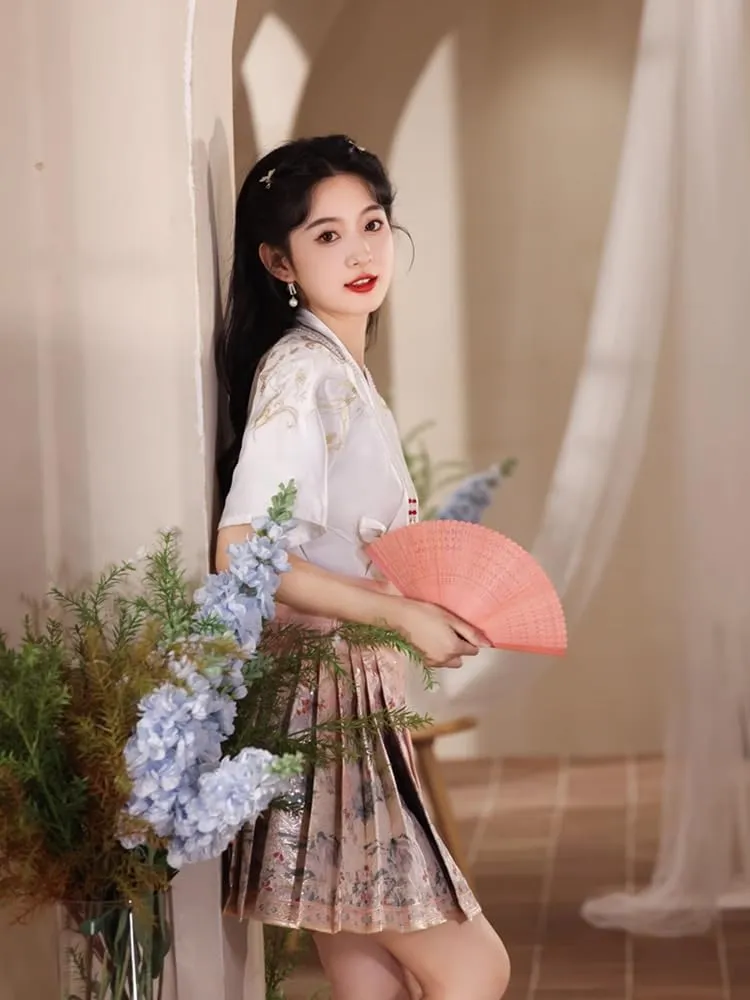 JYHBHMZG Brocade Satin Chinese Horse Face Skirt Women Spring Summer Chinese Style Mini Skirt A-Line Pleated
