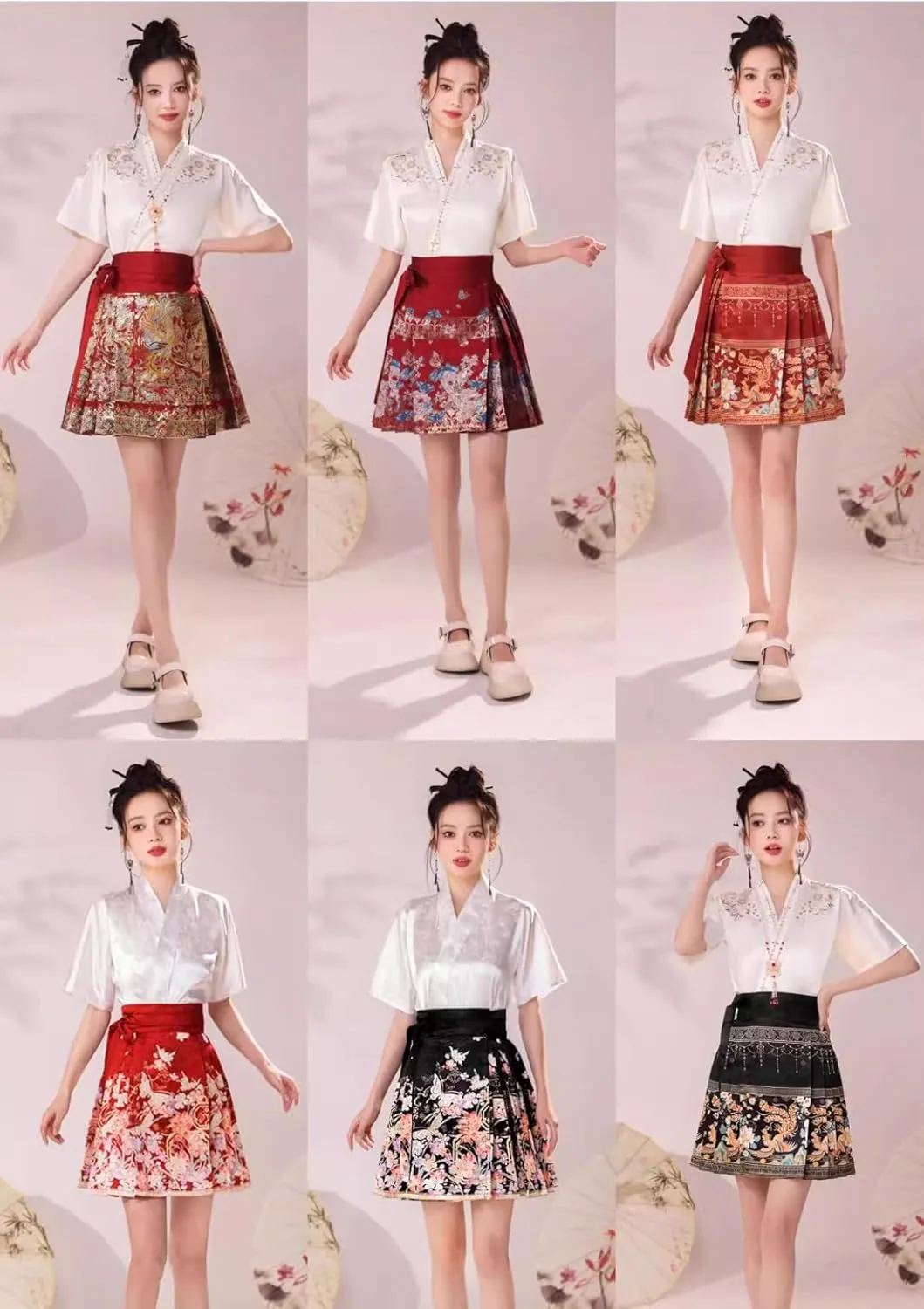 JYHBHMZG Brocade Satin Chinese Horse Face Skirt Women Spring Summer Chinese Style Mini Skirt A-Line Pleated
