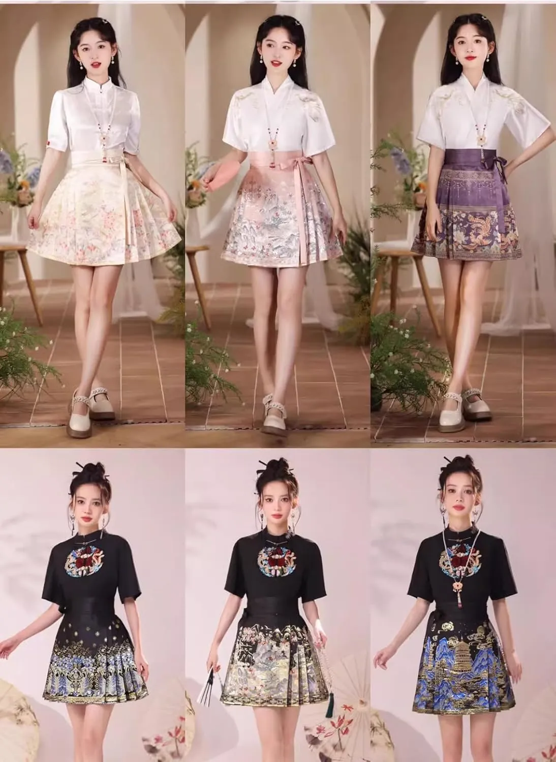 JYHBHMZG Brocade Satin Chinese Horse Face Skirt Women Spring Summer Chinese Style Mini Skirt A-Line Pleated