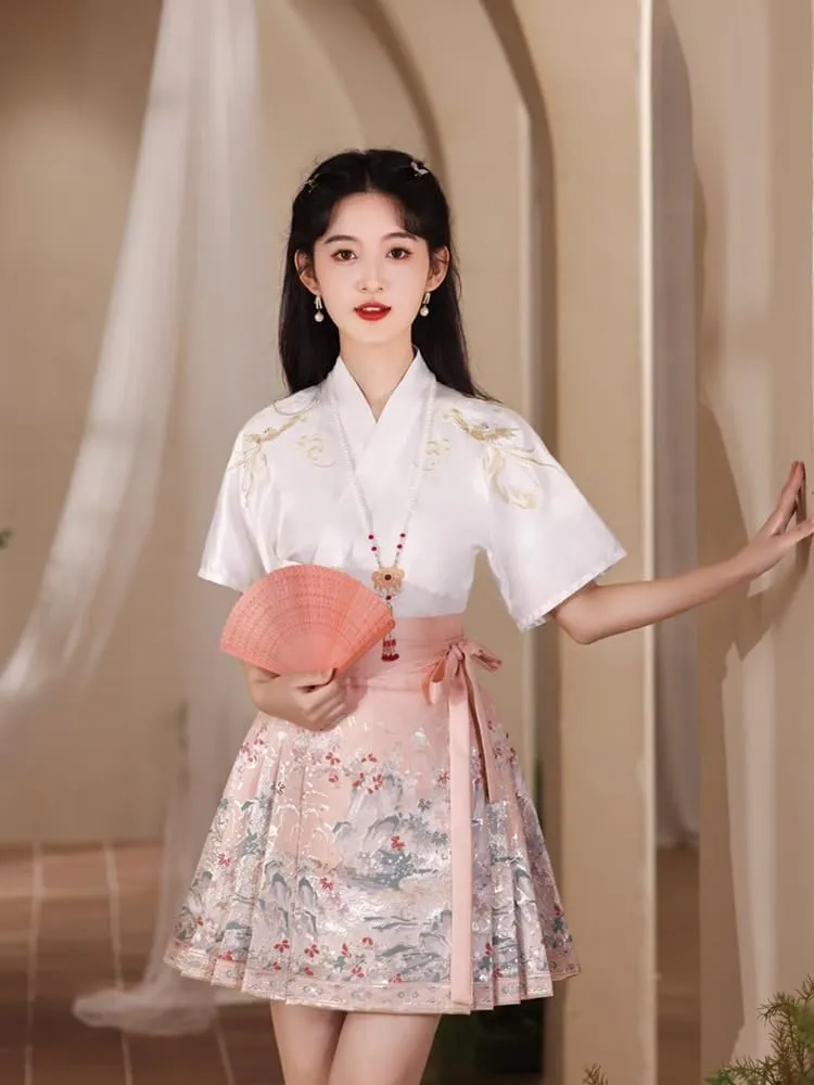 JYHBHMZG Brocade Satin Chinese Horse Face Skirt Women Spring Summer Chinese Style Mini Skirt A-Line Pleated