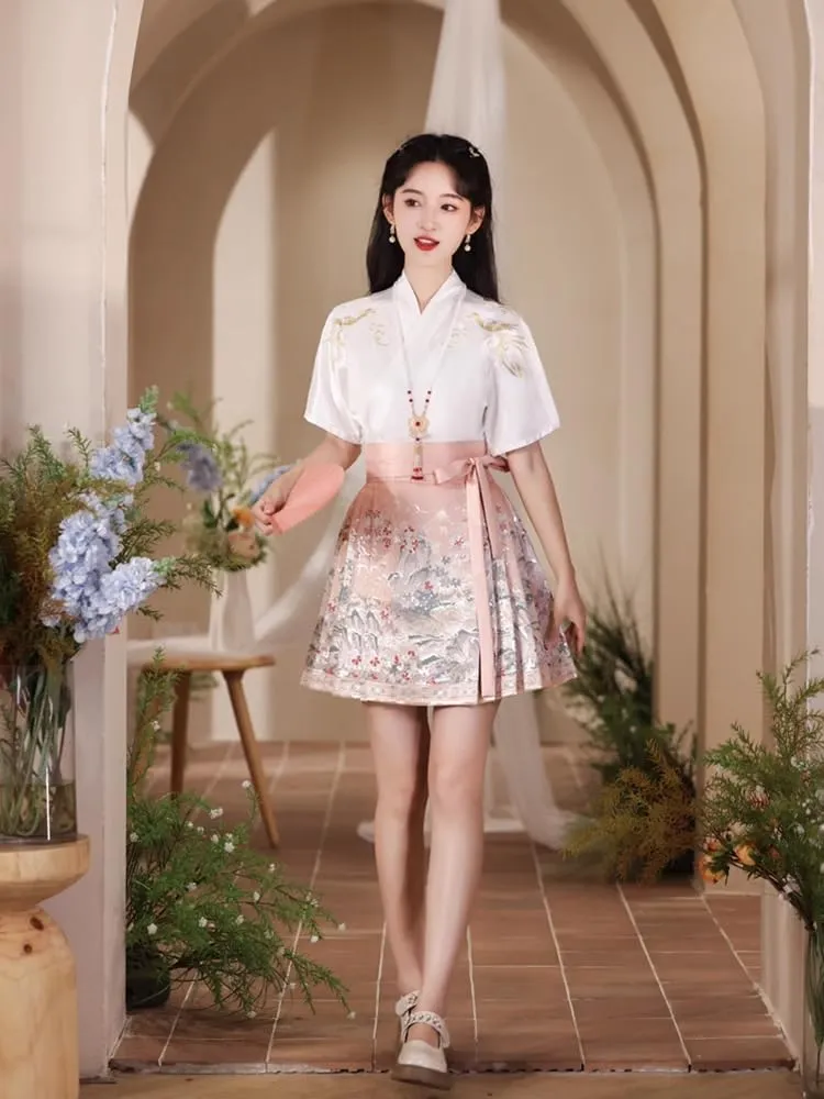 JYHBHMZG Brocade Satin Chinese Horse Face Skirt Women Spring Summer Chinese Style Mini Skirt A-Line Pleated