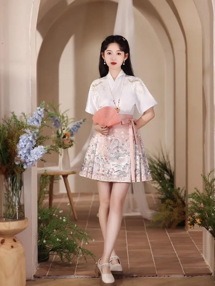JYHBHMZG Brocade Satin Chinese Horse Face Skirt Women Spring Summer Chinese Style Mini Skirt A-Line Pleated
