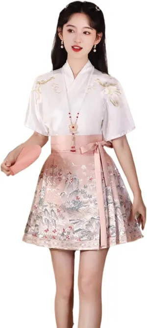 JYHBHMZG Brocade Satin Chinese Horse Face Skirt Women Spring Summer Chinese Style Mini Skirt A-Line Pleated