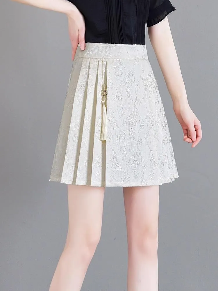 JYHBHMZG Chinese Style Black and White Mini Skirt Women Summer A-Line High Waist Slim Fit Pleated Horse Face Skirt
