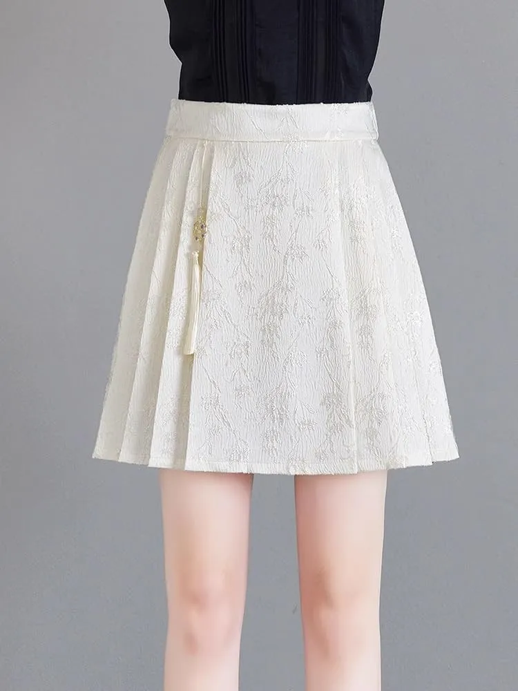 JYHBHMZG Chinese Style Black and White Mini Skirt Women Summer A-Line High Waist Slim Fit Pleated Horse Face Skirt