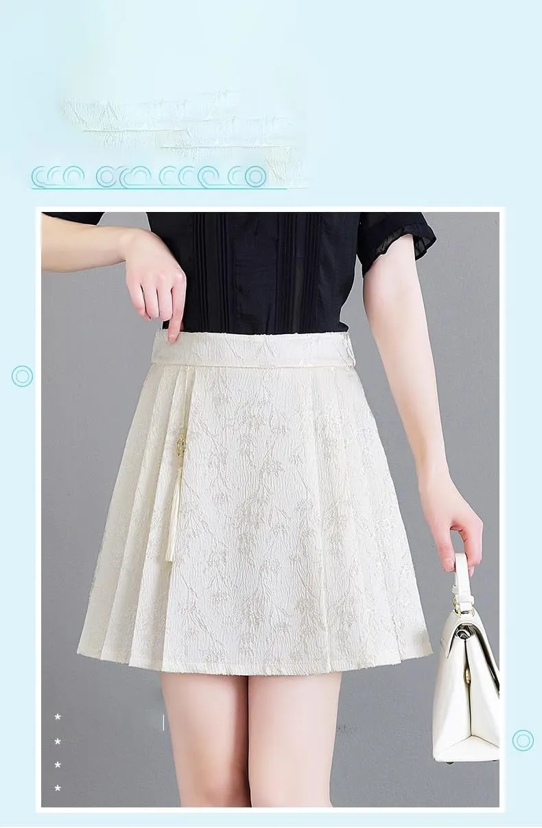 JYHBHMZG Chinese Style Black and White Mini Skirt Women Summer A-Line High Waist Slim Fit Pleated Horse Face Skirt