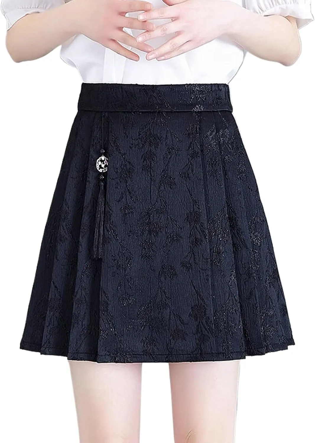 JYHBHMZG Chinese Style Black and White Mini Skirt Women Summer A-Line High Waist Slim Fit Pleated Horse Face Skirt