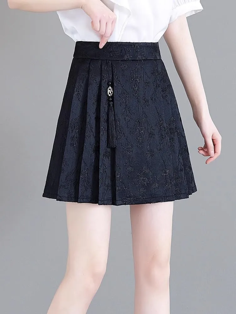 JYHBHMZG Chinese Style Black and White Mini Skirt Women Summer A-Line High Waist Slim Fit Pleated Horse Face Skirt
