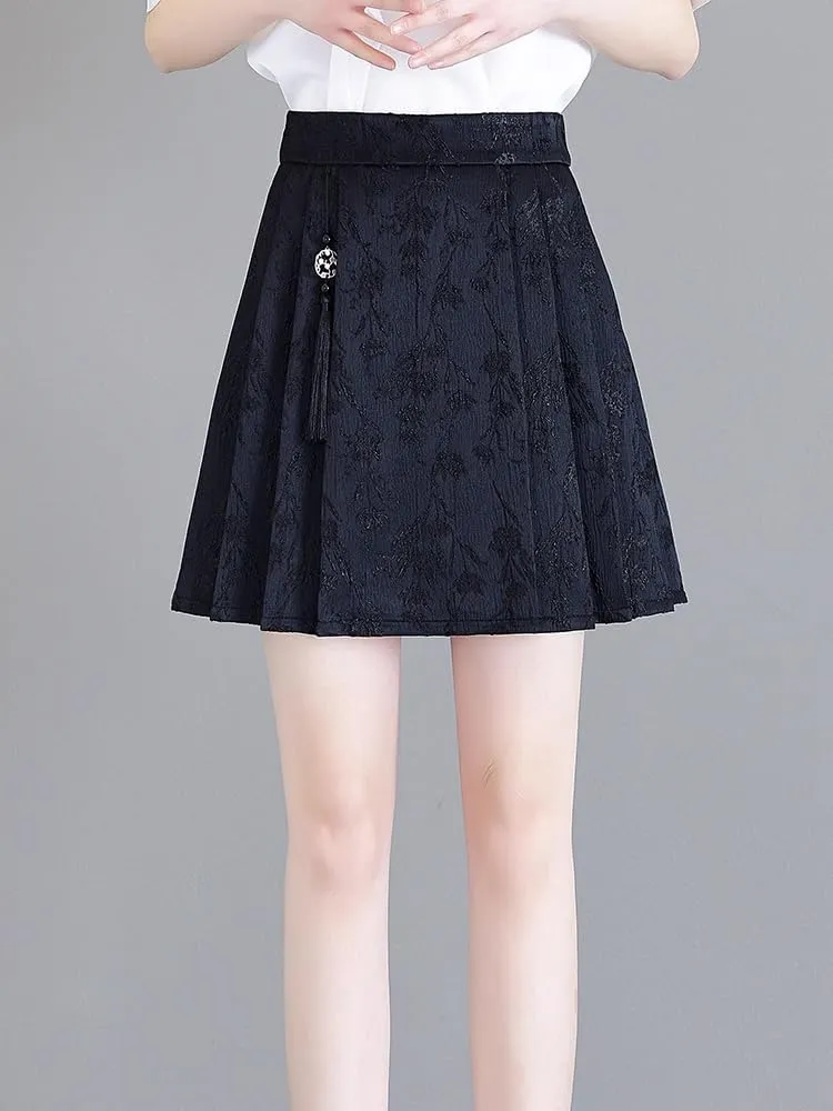 JYHBHMZG Chinese Style Black and White Mini Skirt Women Summer A-Line High Waist Slim Fit Pleated Horse Face Skirt