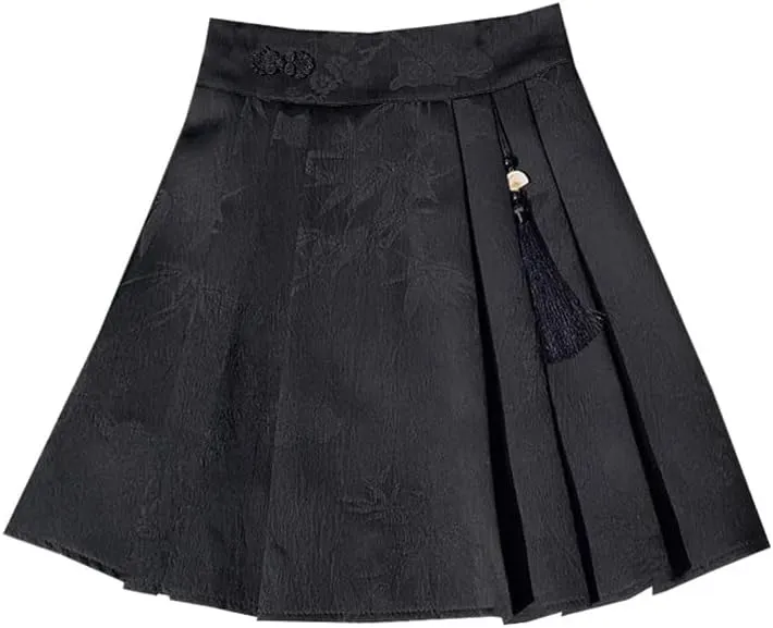 JYHBHMZG Chinese Style Black Brocade Horse Face Skirt Mini Skirt Women Spring Summer Pleated Mini Skirt High Waist Half Skirt