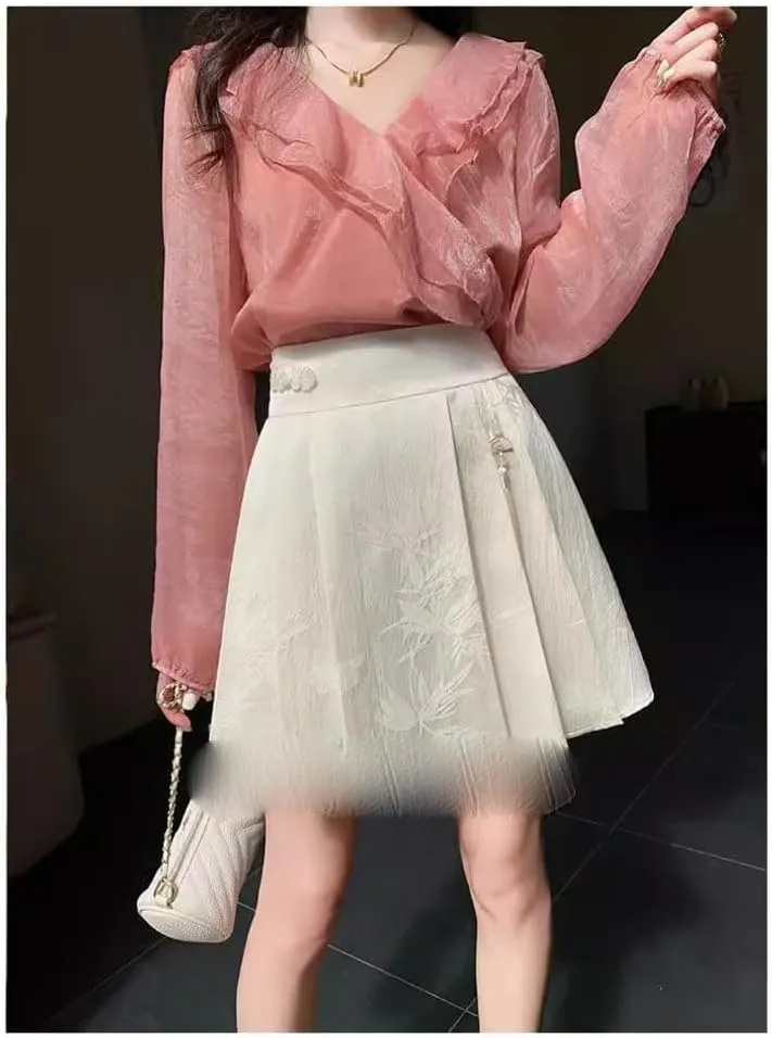 JYHBHMZG Chinese Style Black Brocade Horse Face Skirt Mini Skirt Women Spring Summer Pleated Mini Skirt High Waist Half Skirt