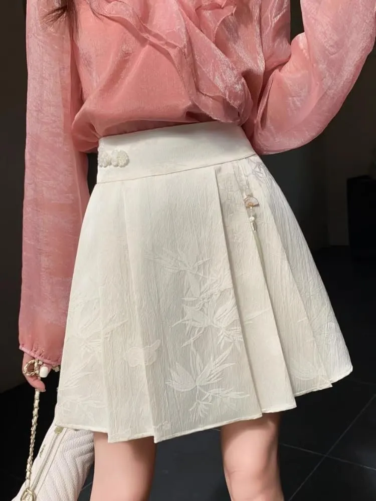 JYHBHMZG Chinese Style Black Brocade Horse Face Skirt Mini Skirt Women Spring Summer Pleated Mini Skirt High Waist Half Skirt