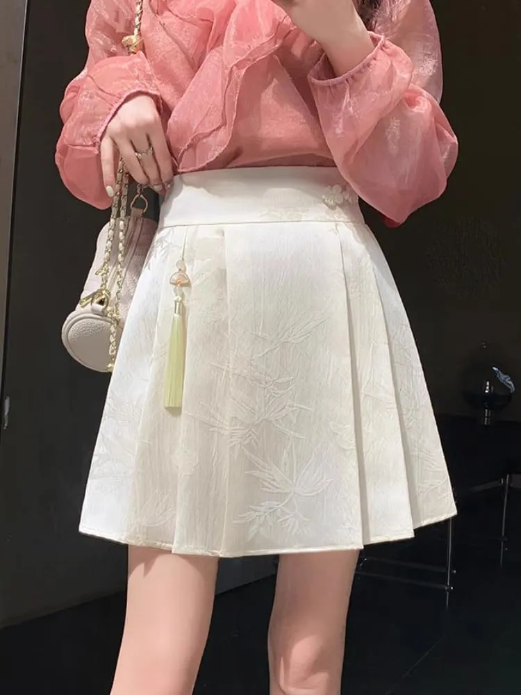 JYHBHMZG Chinese Style Black Brocade Horse Face Skirt Mini Skirt Women Spring Summer Pleated Mini Skirt High Waist Half Skirt