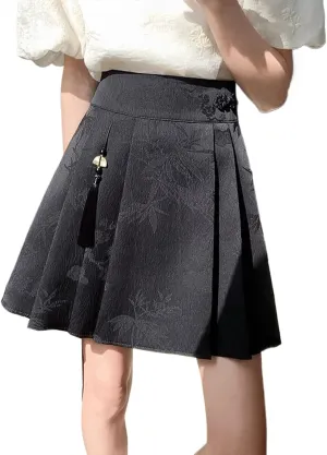 JYHBHMZG Chinese Style Black Brocade Horse Face Skirt Mini Skirt Women Spring Summer Pleated Mini Skirt High Waist Half Skirt