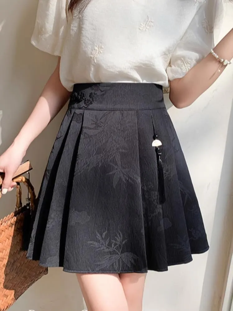 JYHBHMZG Chinese Style Black Brocade Horse Face Skirt Mini Skirt Women Spring Summer Pleated Mini Skirt High Waist Half Skirt