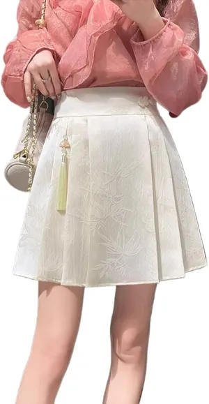 JYHBHMZG Chinese Style Black Brocade Horse Face Skirt Mini Skirt Women Spring Summer Pleated Mini Skirt High Waist Half Skirt