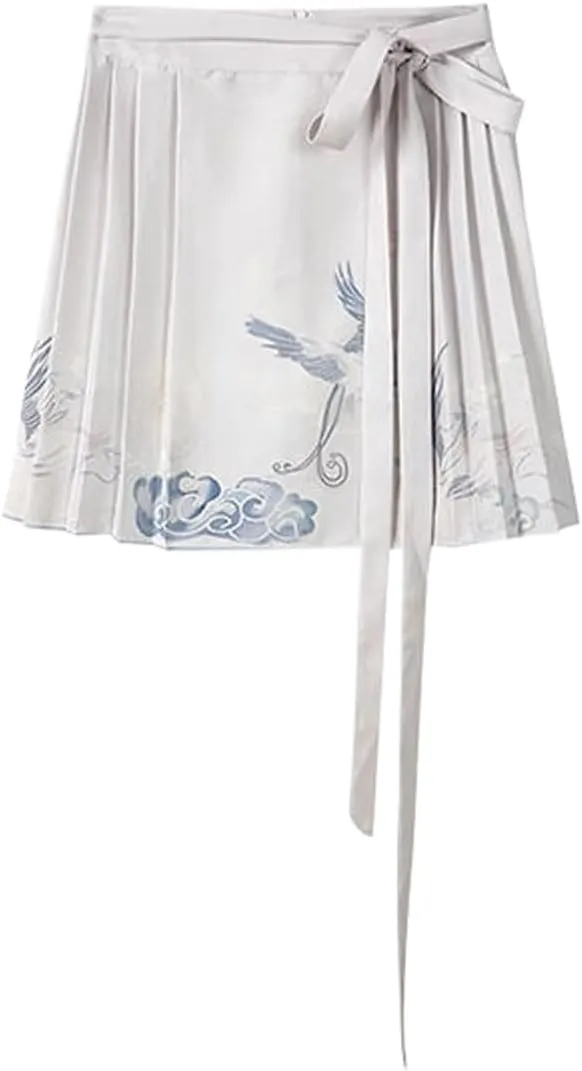 JYHBHMZG Chinese Style Brocade Pleated Mini Skirt Women Summer Chinese Style High Waist A-Line Horse Face Skirt