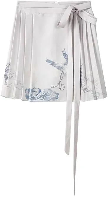 JYHBHMZG Chinese Style Brocade Pleated Mini Skirt Women Summer Chinese Style High Waist A-Line Horse Face Skirt