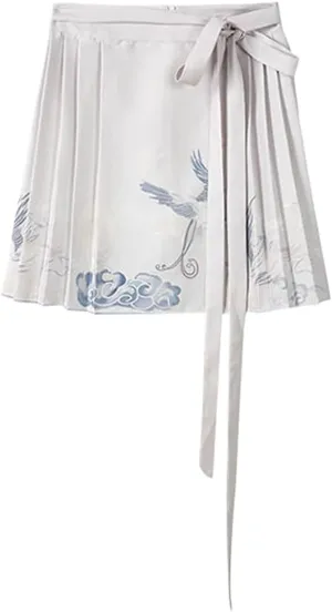 JYHBHMZG Chinese Style Brocade Pleated Mini Skirt Women Summer Chinese Style High Waist A-Line Horse Face Skirt